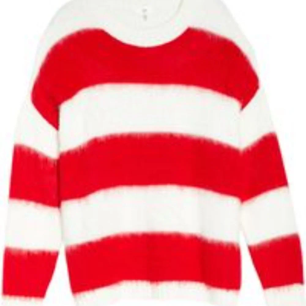 BP Oversize Brushed Pullover Red Ivory Striped XS